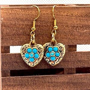 Gold heart earrings with faux turquoise rhinestones